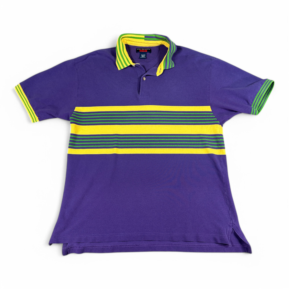 Vintage Mardi Gras Polo Shirt Adult MEDIUM Purple Stripe Mark Alexander 90s